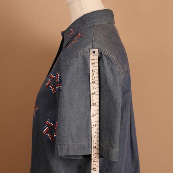 VTG Karen Scott sport Denim Red, White & Blue Bedazzled SS Button Up sz M - Picture 5 of 8